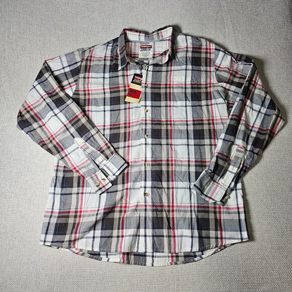 NWT Wrangler Jeans Men's Plaid Button Up White Grey Red Size XL PTP 25 L 29.5 - Picture 3 of 9